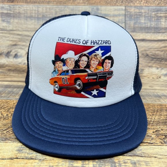 Vintage Dukes Of Hazard Mens Trucker Hat Navy Snapback Mesh Flat Brimmed Cap - Picture 3 of 7